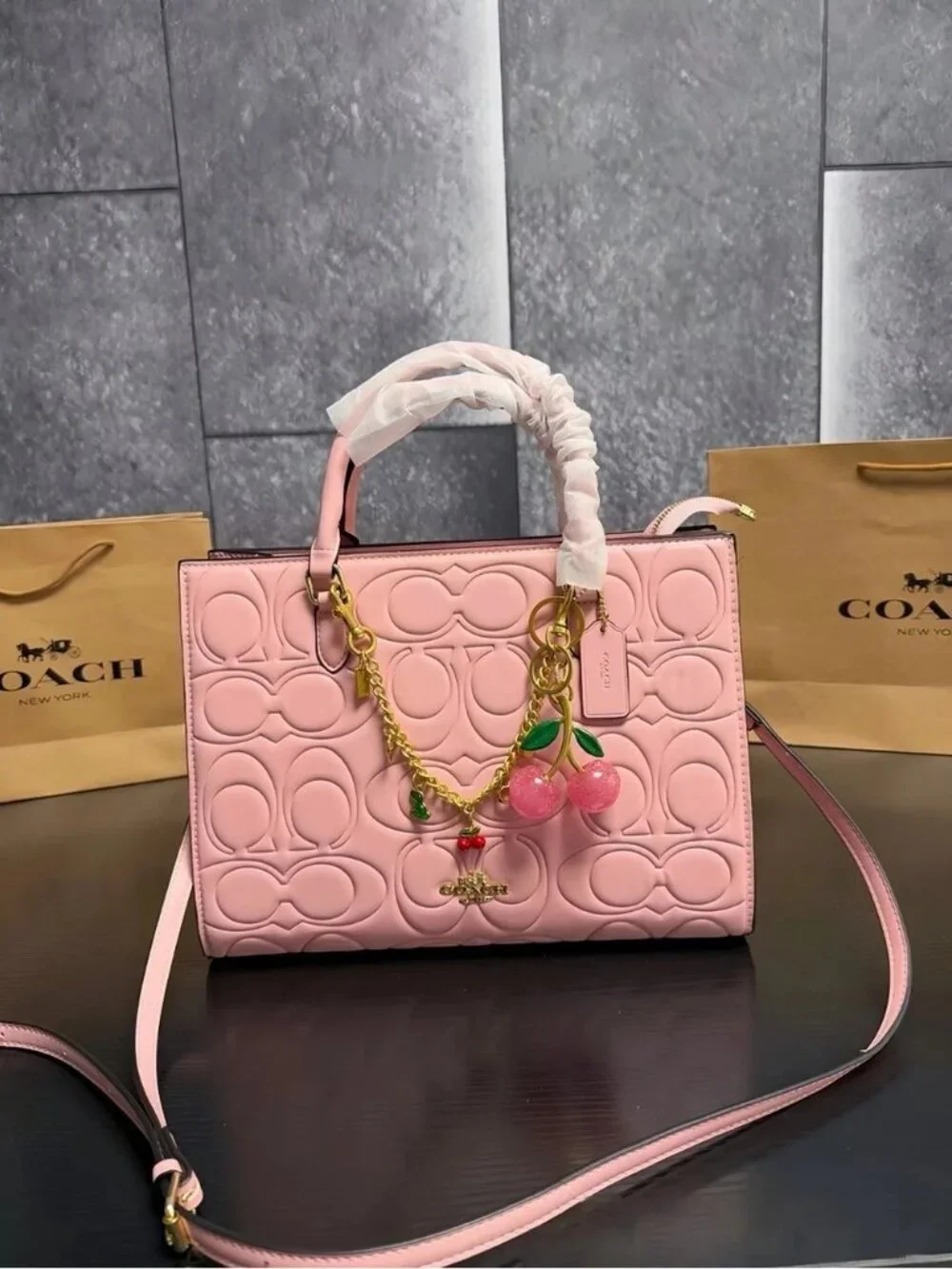 Pink Quilted Signature Leather Satchel with Cherry Charm